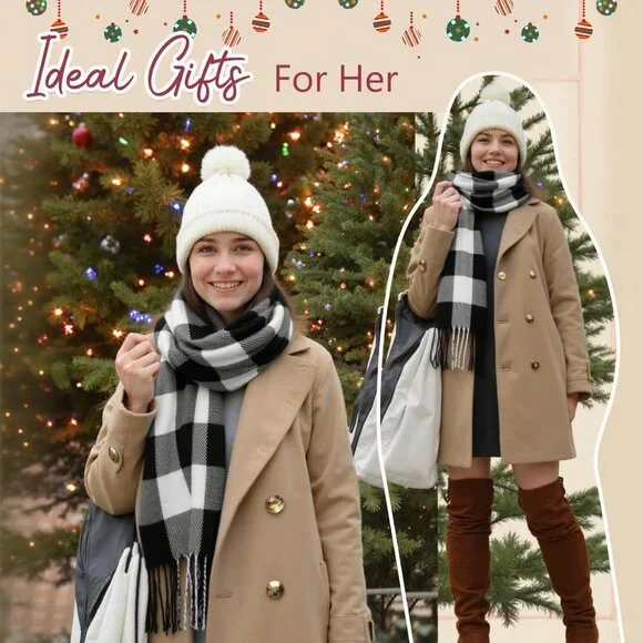 Women's White Gray Lattice Scarf Fashion Long Plaid Shawls Wraps Big Grid Winter - Picture 7 of 7